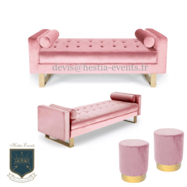 Banquette Velours Rose Nude et 2 Tabourets